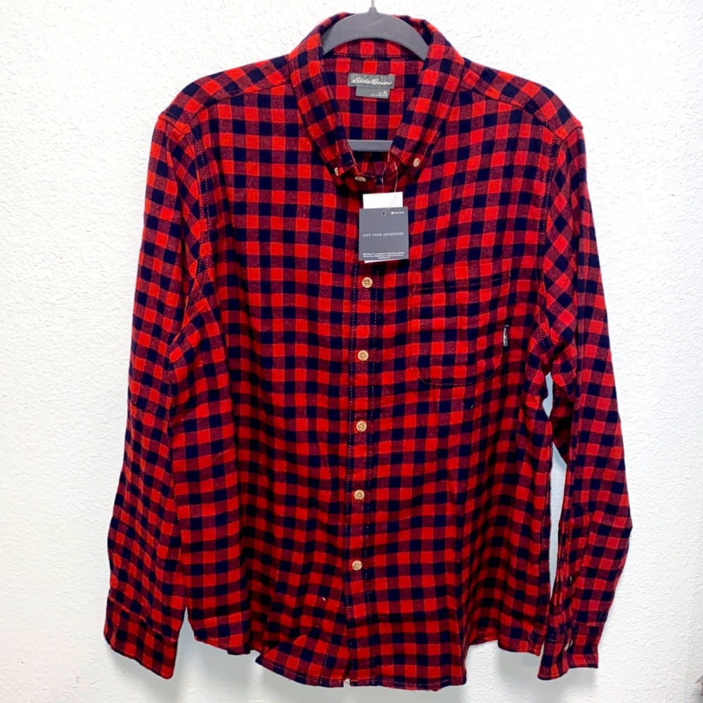 Eddie Bauer Red Plaid Flannel Button Down Shirt Size XL